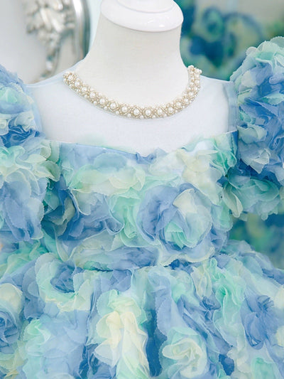 Enchanting Blue and Green Floral Tulle Dress with Pearl Necklace – Plus Size - WonderlandByLilian