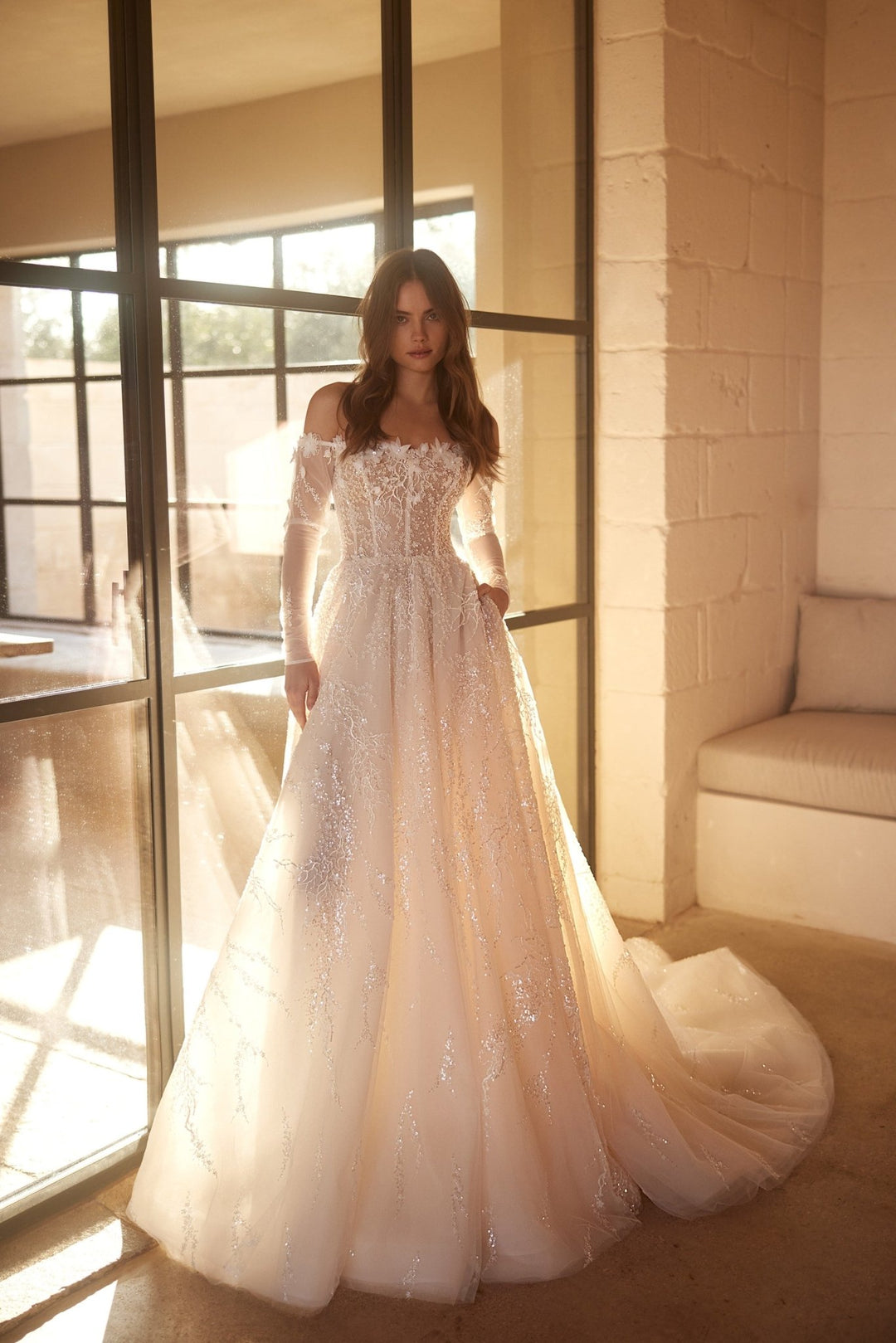 Enchanting Corseted A-Line Bridal Gown with Translucent Sleeves and Embellished Skirt Plus Size - WonderlandByLilian