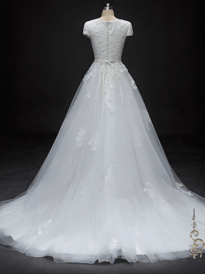 Enchanting Elegance: Ready-to-Wear Modest Lace Wedding Dress with Short Sleeves - WonderlandByLilian