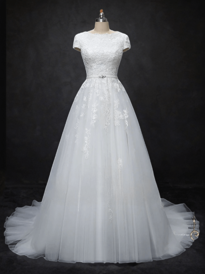 Enchanting Elegance: Ready-to-Wear Modest Lace Wedding Dress with Short Sleeves - WonderlandByLilian