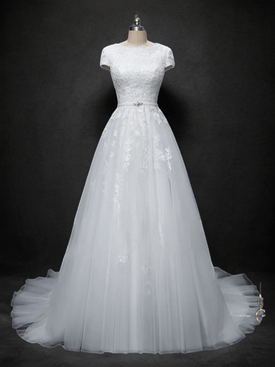 Enchanting Elegance: Ready-to-Wear Modest Lace Wedding Dress with Short Sleeves - WonderlandByLilian