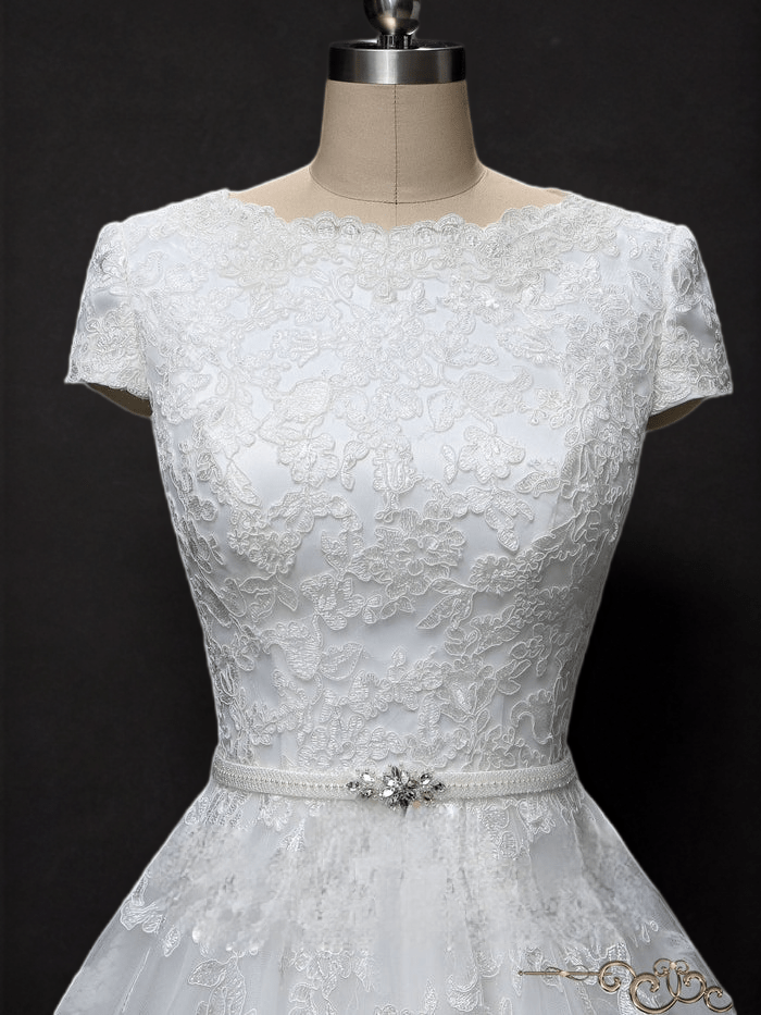 Enchanting Elegance: Ready-to-Wear Modest Lace Wedding Dress with Short Sleeves - WonderlandByLilian