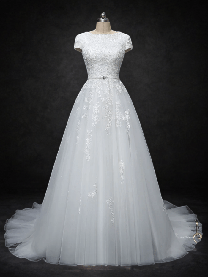 Enchanting Elegance: Ready-to-Wear Modest Lace Wedding Dress with Short Sleeves - WonderlandByLilian