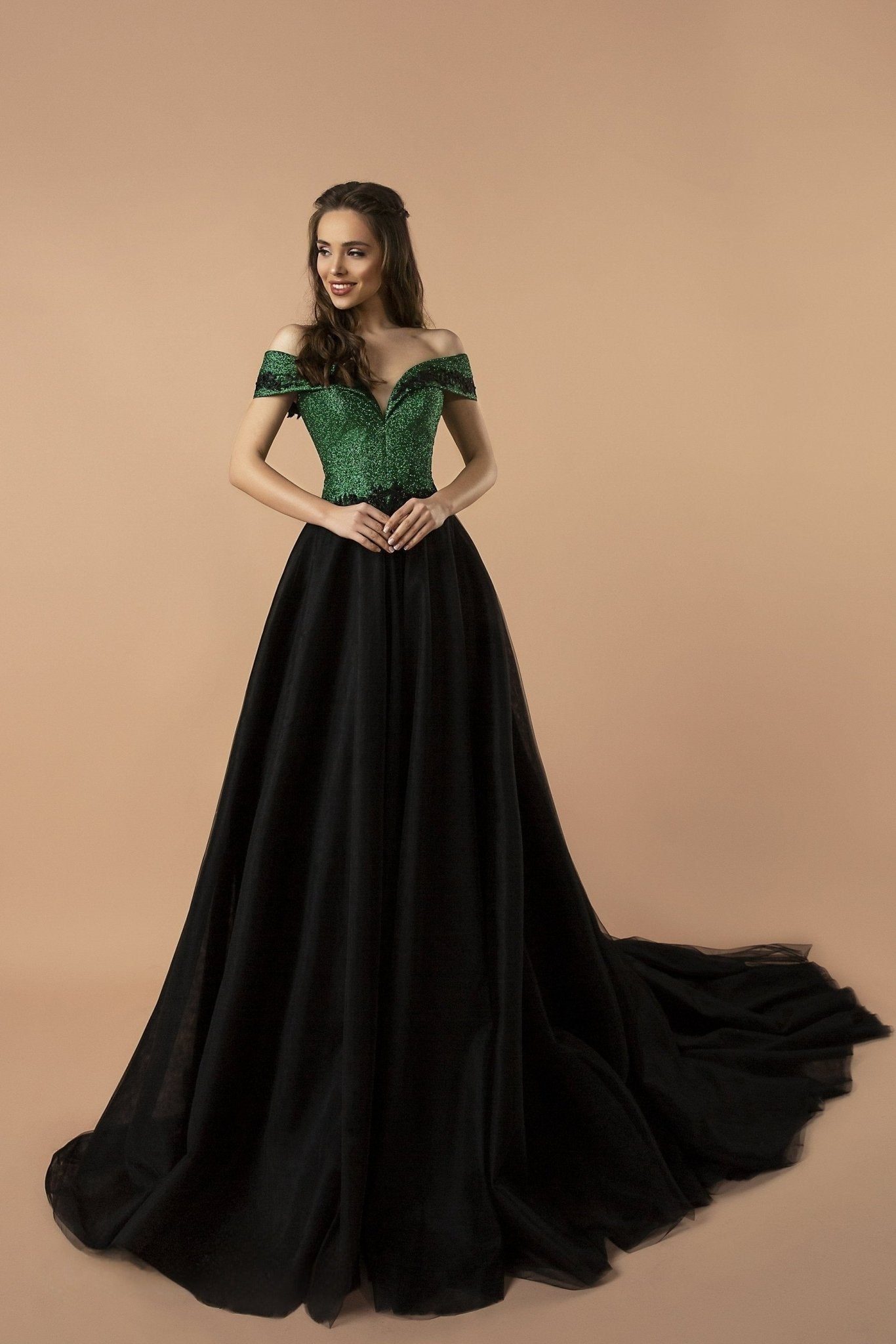 Enchanting Emerald Off Shoulder Gothic wedding Dresses with Sequined Corset - Dramatic Black Tulle Evening Gown Plus Size - WonderlandByLilian