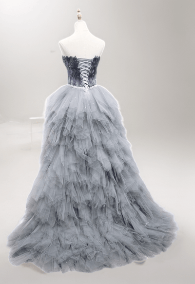 Enchanting Gray Feathered High-Low Wedding Dress - Layered Tulle Ruffle Gown - Strapless Corset Bridal Gown Plus Size - WonderlandByLilian