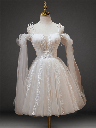 Enchanting Off-Shoulder Short Lace Wedding Dress with Sleeves - Floral Tulle Corset Bridal Gown Plus Size - WonderlandByLilian