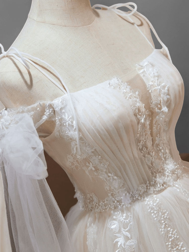 Enchanting Off-Shoulder Short Lace Wedding Dress with Sleeves - Floral Tulle Corset Bridal Gown Plus Size - WonderlandByLilian