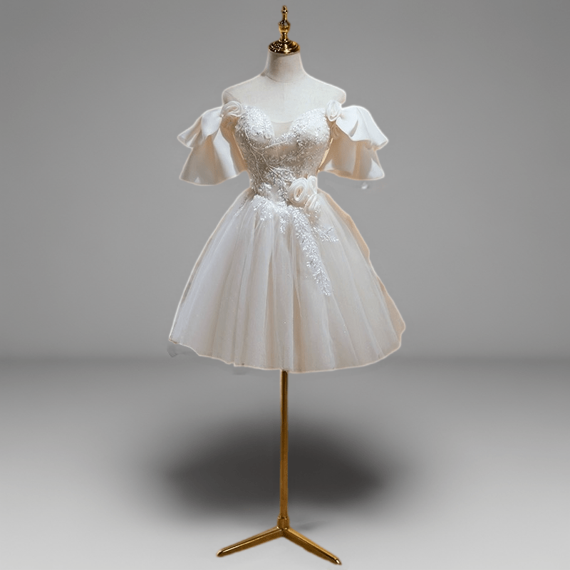 Enchanting Off-Shoulder Short Lace Wedding Party Dress - Floral Tulle Corset Bridal Gown Plus Size - WonderlandByLilian