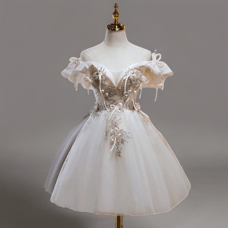 Enchanting Off-Shoulder Short Lace Wedding Party Dress - Floral Tulle Corset Bridal Gown Plus Size - WonderlandByLilian