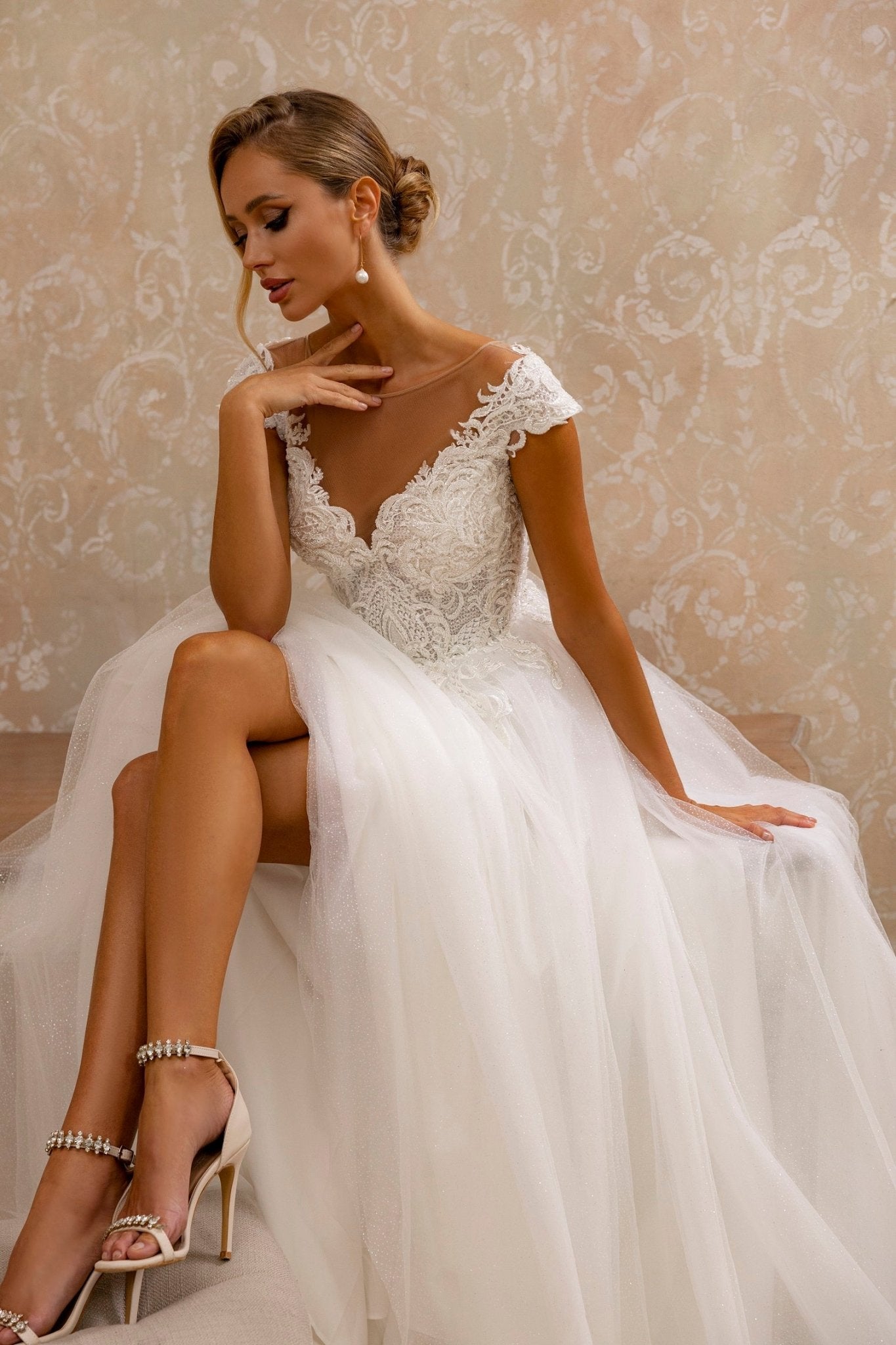 Enchanting Off-Shoulder Tulle Wedding Dress | Romantic Lace Bridal Gown with Train - WonderlandByLilian