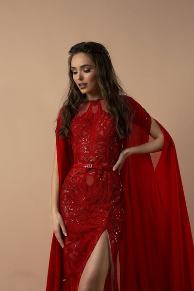 Enchanting Scarlet Red Sequin Gown with Dramatic Cape Sleeves and High Slit - Elegant Evening Dress Plus Size - WonderlandByLilian