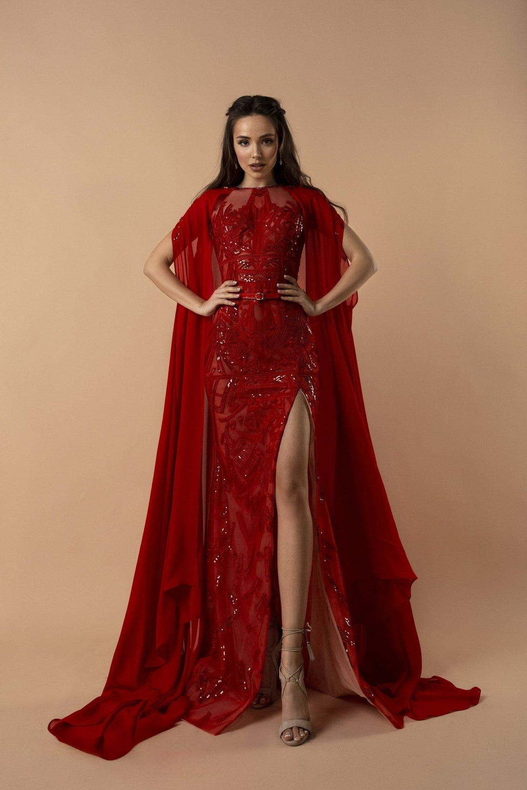 Enchanting Scarlet Red Sequin Gown with Dramatic Cape Sleeves and High Slit - Elegant Evening Dress Plus Size - WonderlandByLilian