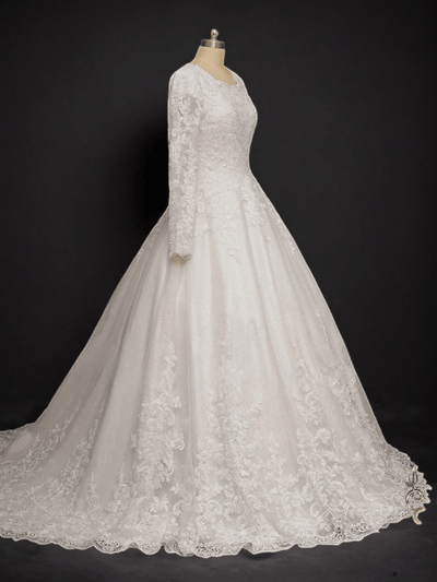 Enchanting Sparkle: Modest Ball Gown Lace Wedding Dress - WonderlandByLilian