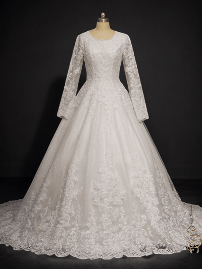 Enchanting Sparkle: Modest Ball Gown Lace Wedding Dress - WonderlandByLilian