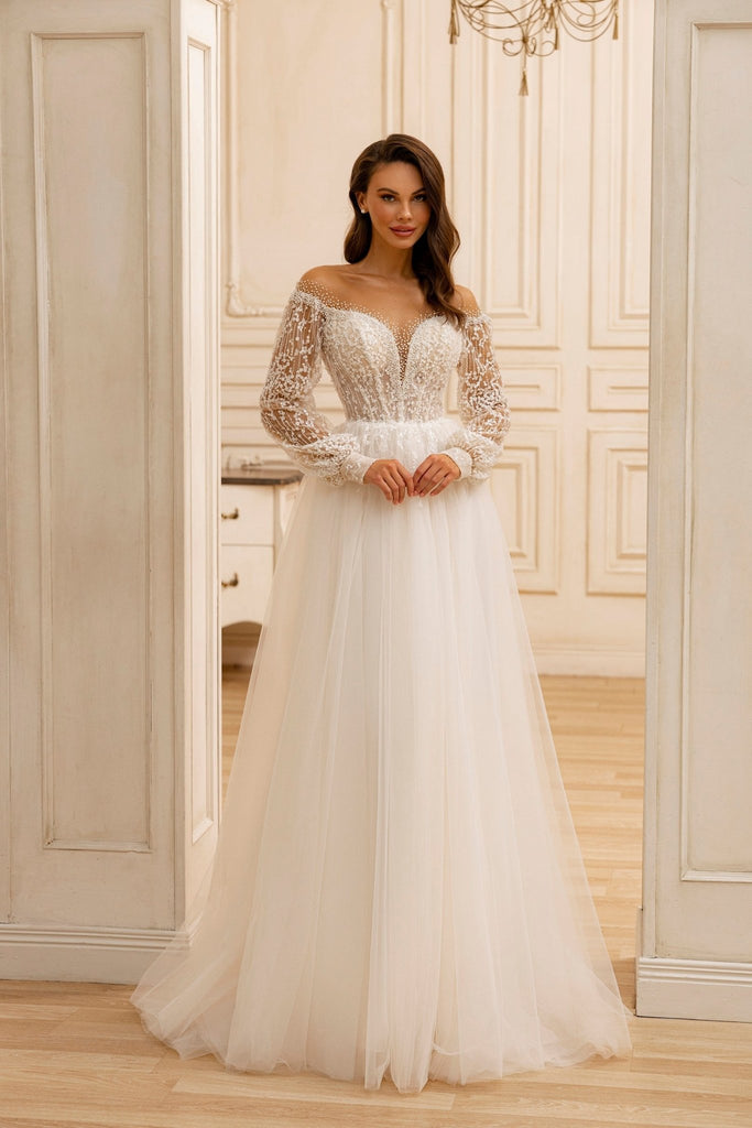Ethereal Off-Shoulder Sequin Bridal Gown with Pearl Embellishments and Long Sheer Sleeves Plus Size Size 6