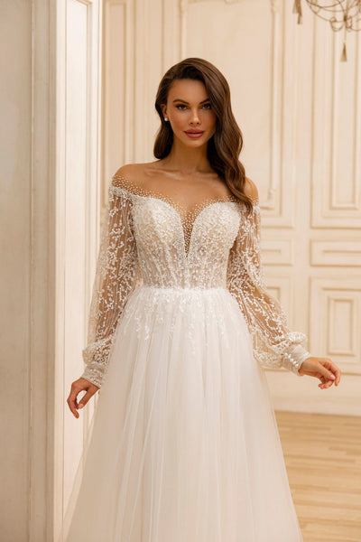Ethereal Off-Shoulder Sequin Bridal Gown with Pearl Embellishments and Long Sheer Sleeves Plus Size - WonderlandByLilian