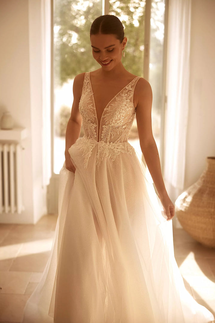 Ethereal Tulle A-Line Wedding Gown with Beaded Lace Bodice and Gentle Train Plus Size - WonderlandByLilian