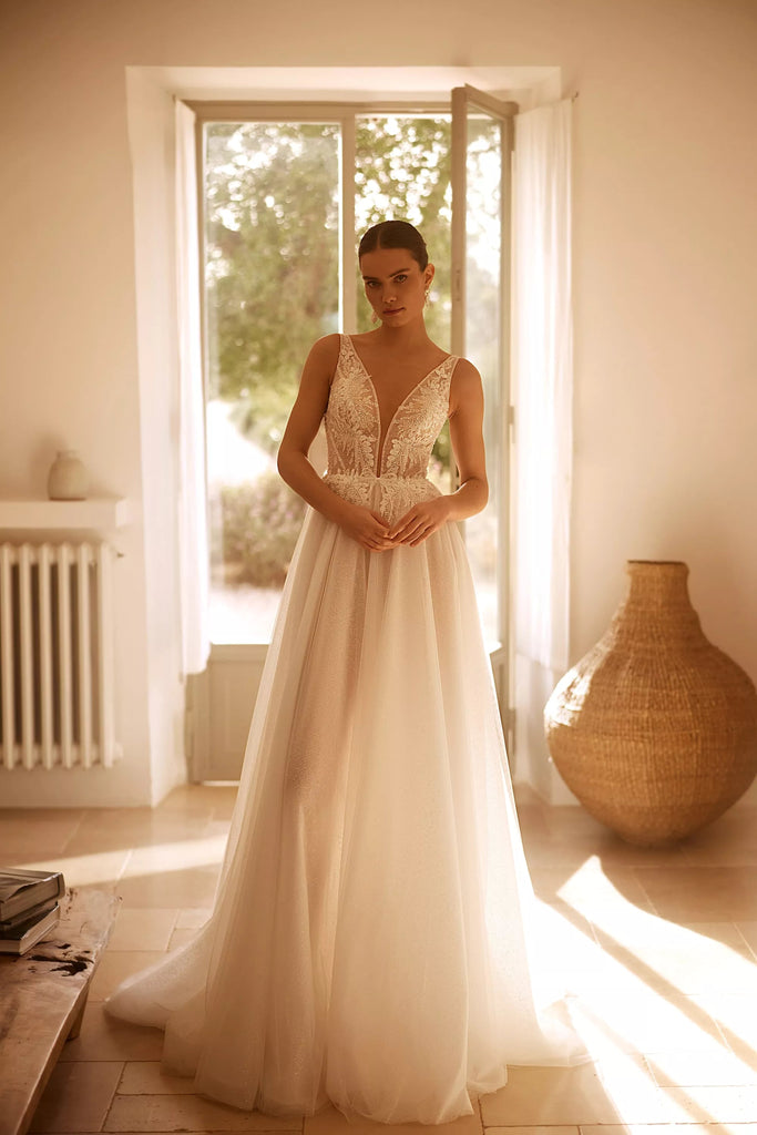 Ethereal Tulle A-Line Wedding Gown with Beaded Lace Bodice and Gentle Train Plus Size Size 8