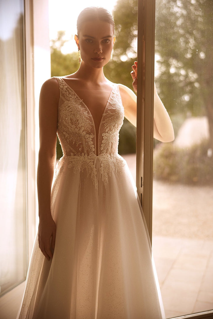 Ethereal Tulle A-Line Wedding Gown with Beaded Lace Bodice and Gentle Train Plus Size - WonderlandByLilian