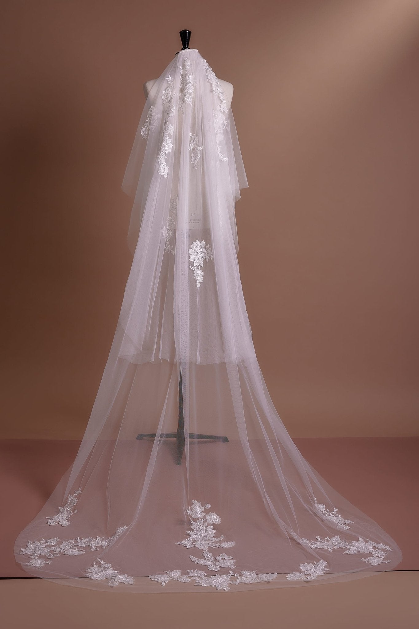 Ethereal White Cathedral Veil with Exquisite Floral Lace Appliqués and Full-Length Tulle - WonderlandByLilian