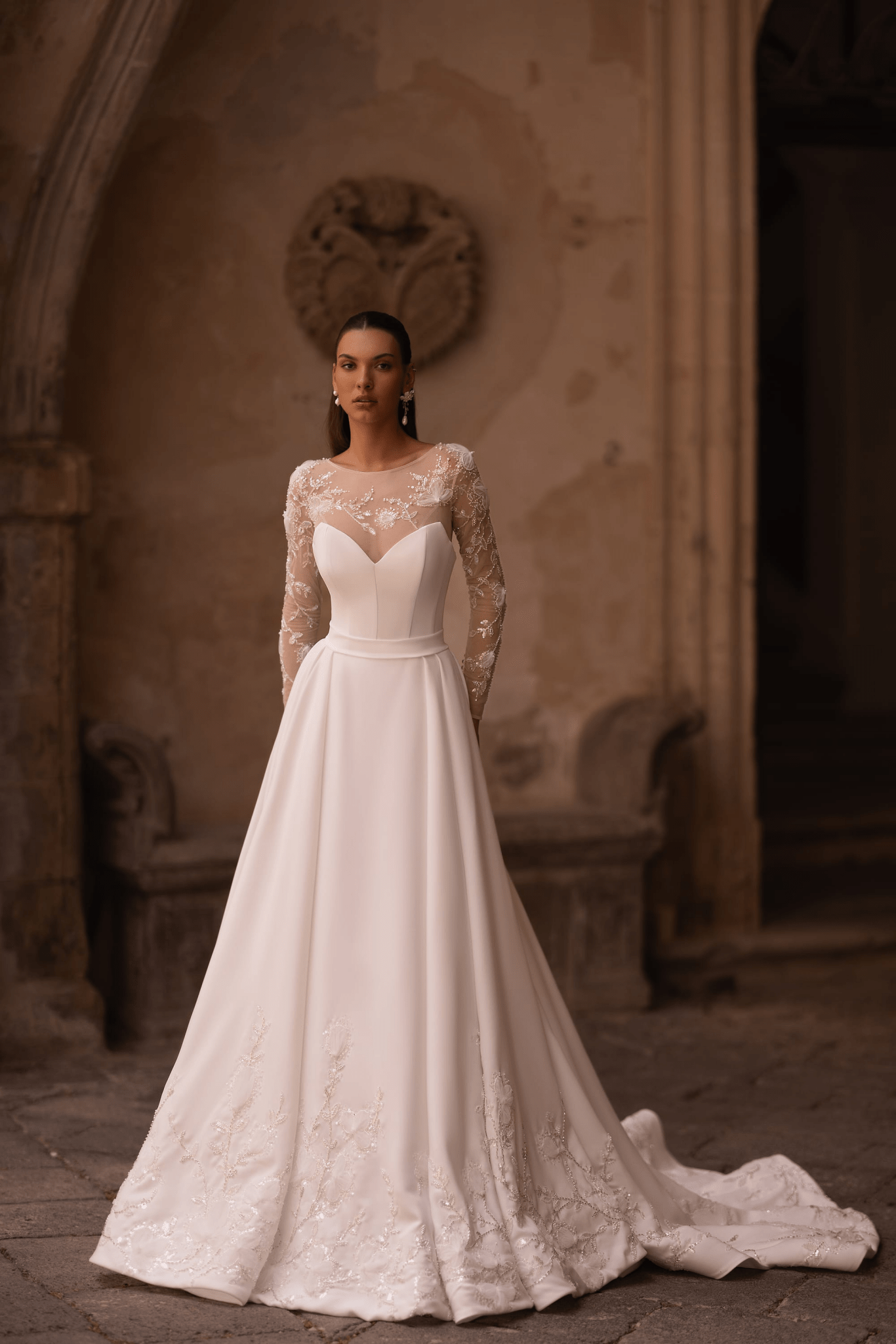 Exquisite A-Line Wedding Dress with Lace Sleeves - Embellished Wedding Gown Plus Size - WonderlandByLilian