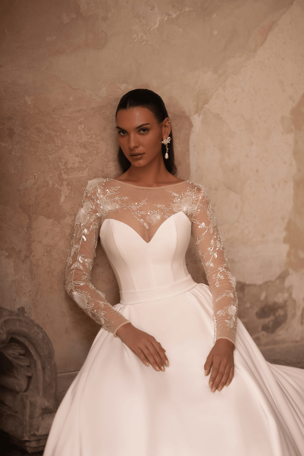 Exquisite A-Line Wedding Dress with Lace Sleeves - Embellished Wedding Gown Plus Size - WonderlandByLilian