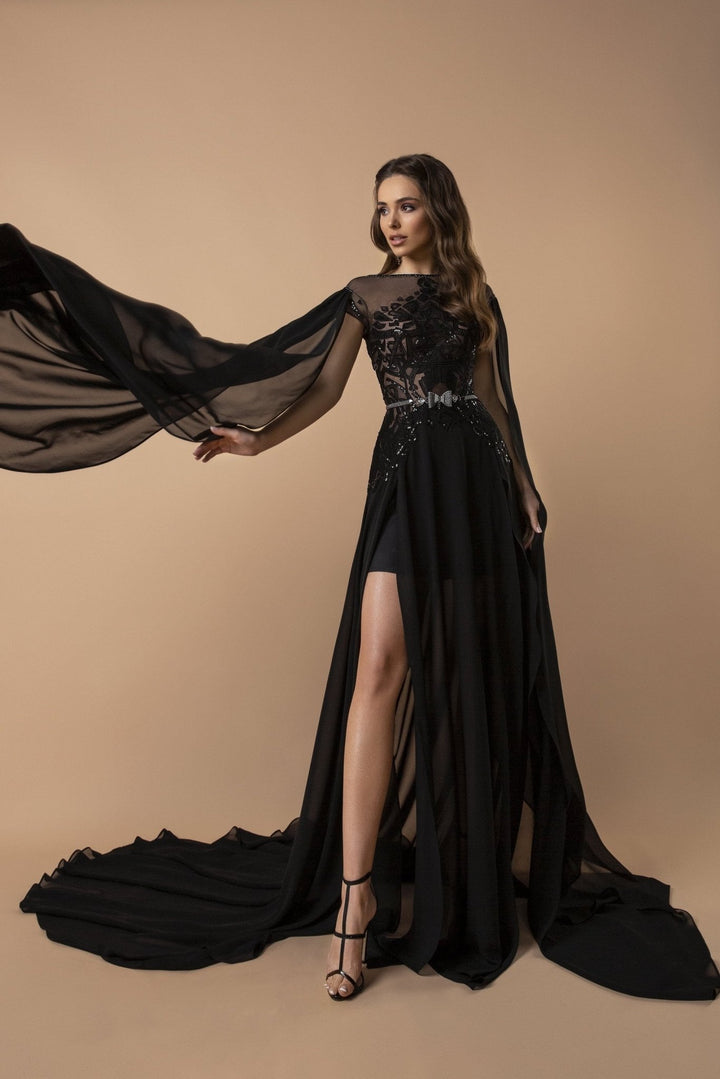 Exquisite Black Gothic Dresses with Sheer Beaded Bodice and Cape - Elegant High-Slit Evening Gown Plus Size - WonderlandByLilian