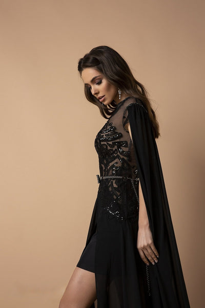Exquisite Black Gothic Dresses with Sheer Beaded Bodice and Cape - Elegant High-Slit Evening Gown Plus Size - WonderlandByLilian