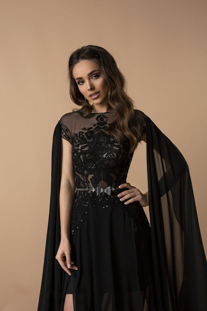 Exquisite Black Gothic Dresses with Sheer Beaded Bodice and Cape - Elegant High-Slit Evening Gown Plus Size - WonderlandByLilian