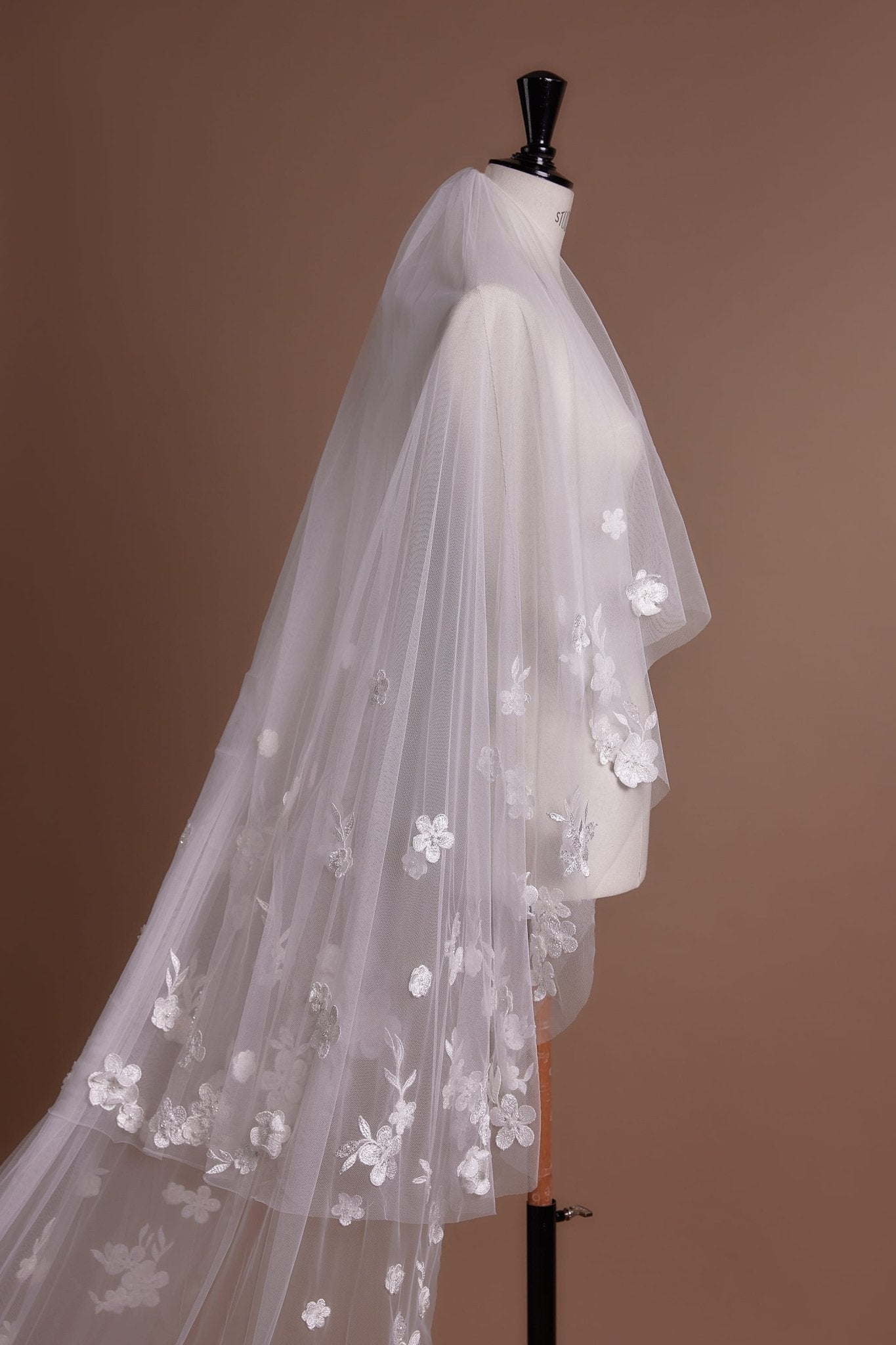 Exquisite Floral Embroidered Cathedral Veil with Delicate Tulle and Elegant Lace Edging - WonderlandByLilian