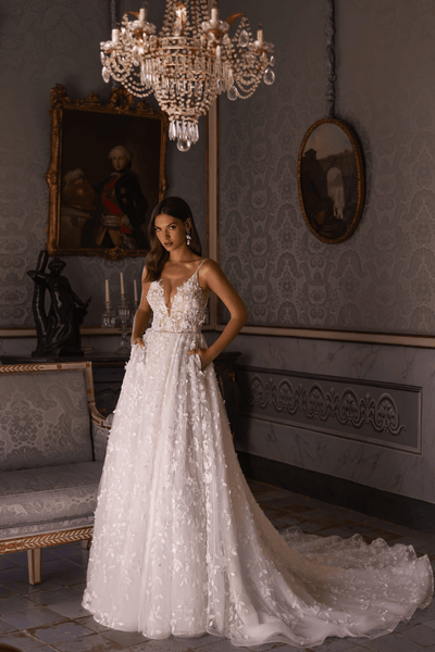 Exquisite Lace Wedding Gown with Pockets - A-Line Wedding Dress with Beaded Straps Plus Size - WonderlandByLilian