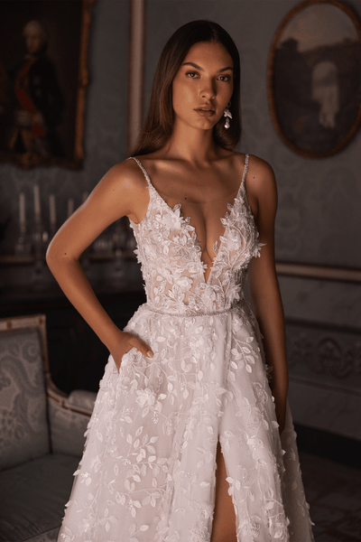Exquisite Lace Wedding Gown with Pockets - A-Line Wedding Dress with Beaded Straps Plus Size - WonderlandByLilian