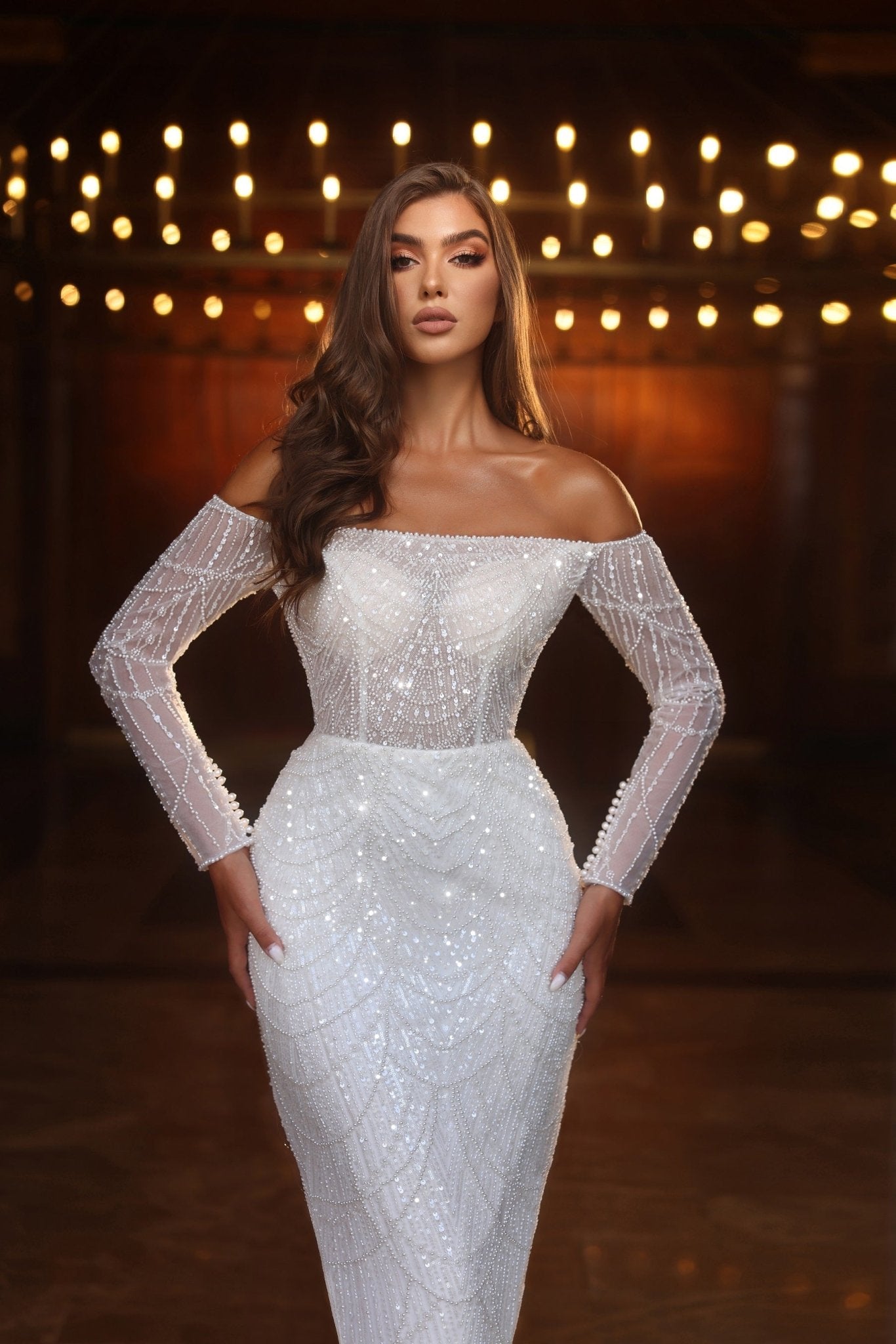 Exquisite Off-the-Shoulder Beaded Wedding Dress with Flared Hem - Plus Size - WonderlandByLilian