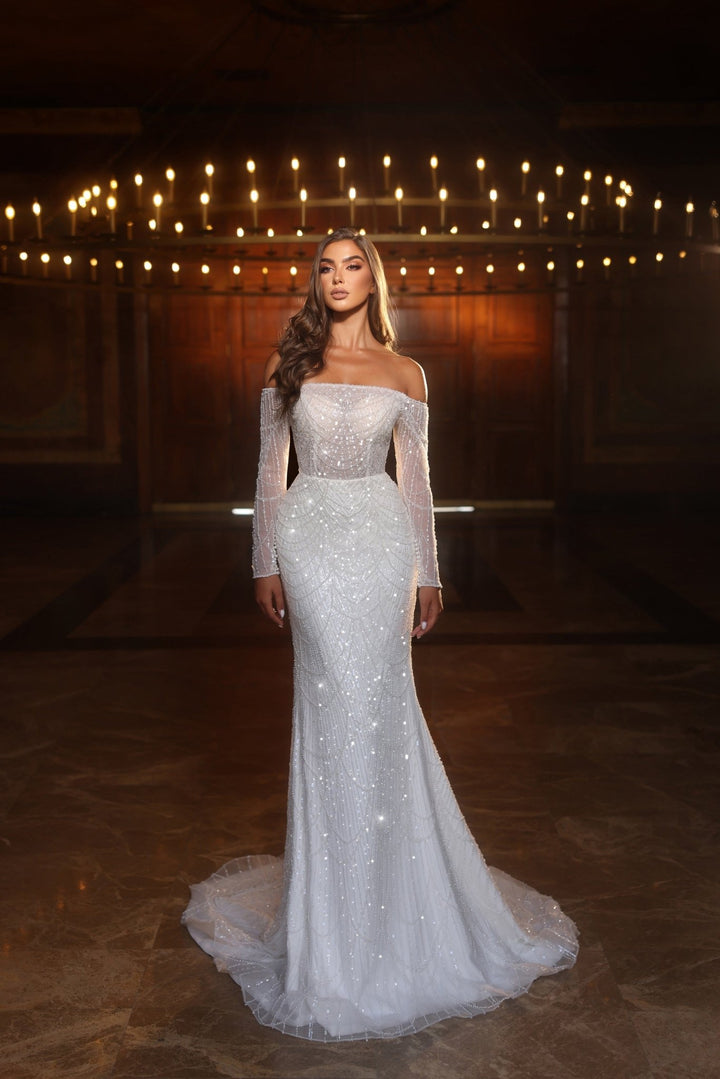 Exquisite Off-the-Shoulder Beaded Wedding Dress with Flared Hem - Plus Size - WonderlandByLilian