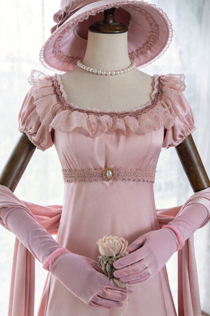 Regency Era Vintage Dusty Rose Empire Waist Dress – Bridgerton Inspired Pink Embossed Gown Plus Size