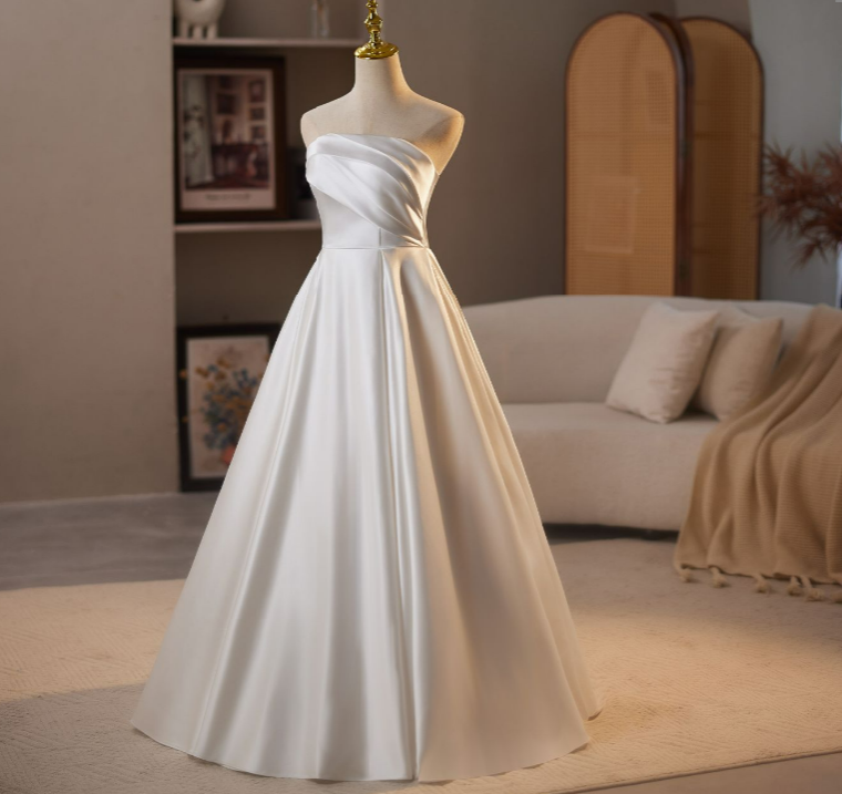 Simple Satin Strapless Wedding Dress – Classic Wedding Dress - A-Line Satin Wedding Gown Plus Size