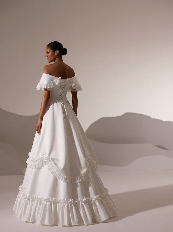 Vintage Off the Shoulder Wedding Dress with Rosettes – Satin Wedding Dress with Lace Ruffles Plus Size