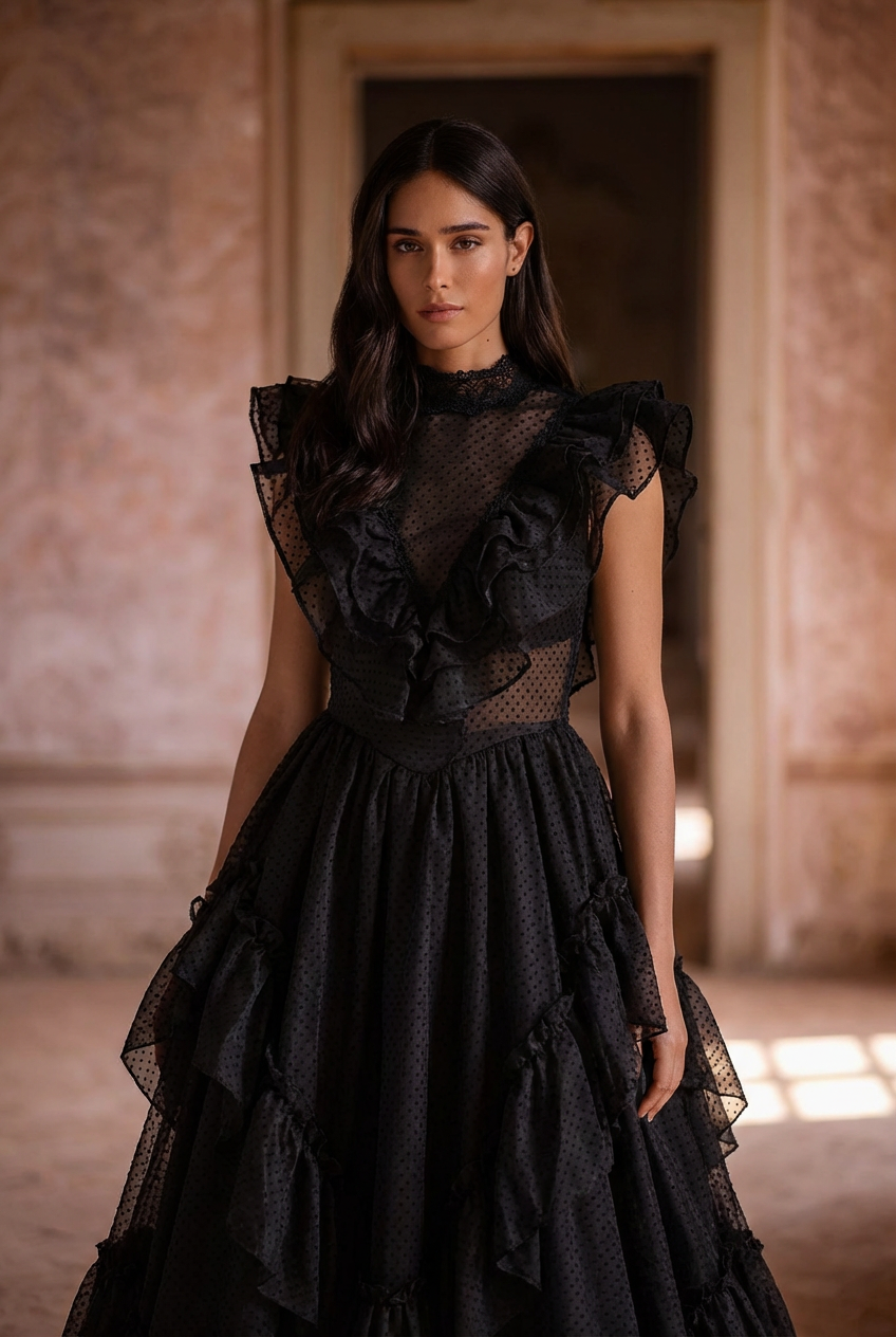 Gunne Sax Inspired Gothic Black Lace Dress - 1980s Style Victorian Gothic Black Wedding Dress