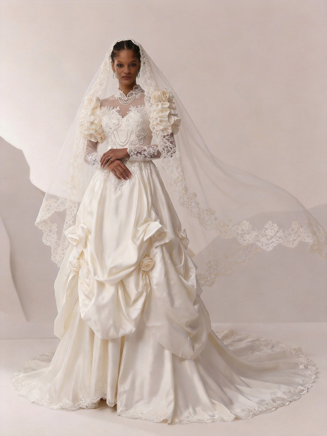Antique White Modest Wedding Dress With Floral Satin Antique White Modest Wedding Dress With Floral Satin