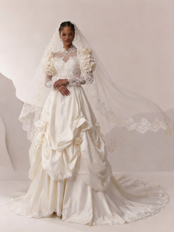 Antique White Modest Wedding Dress With Floral Satin - Vintage Wedding Dress