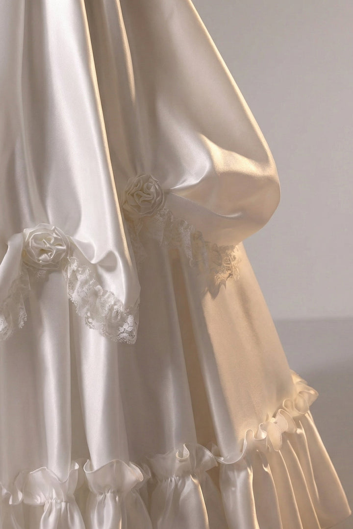 Vintage Off the Shoulder Wedding Dress with Rosettes – Satin Wedding Dress with Lace Ruffles Plus Size