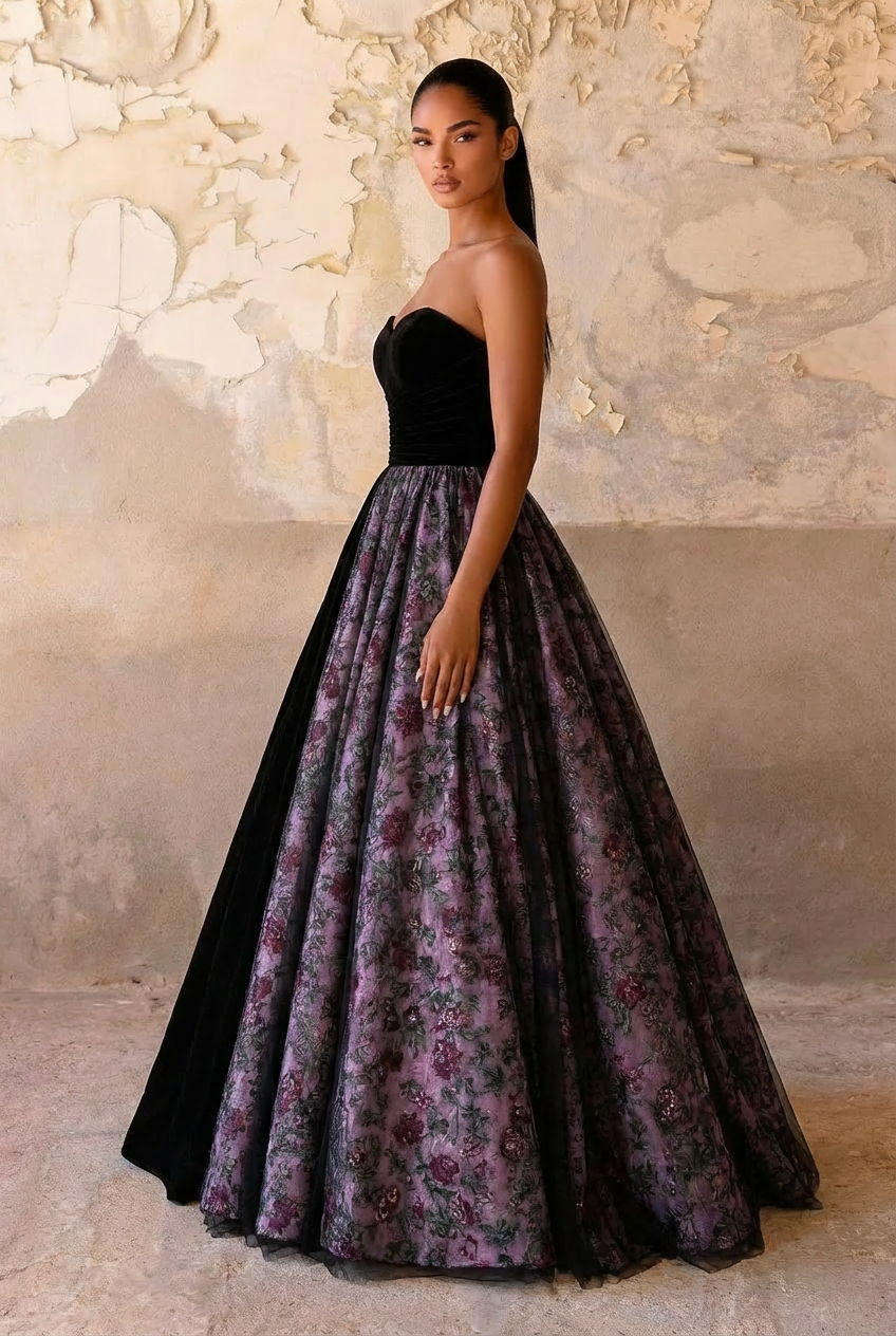 Black and Purple Gothic Wedding Dress With Floral- Sexy Gothic Strapless Ball Gown Plus Size Size 14 / Black / With Matching Chocker