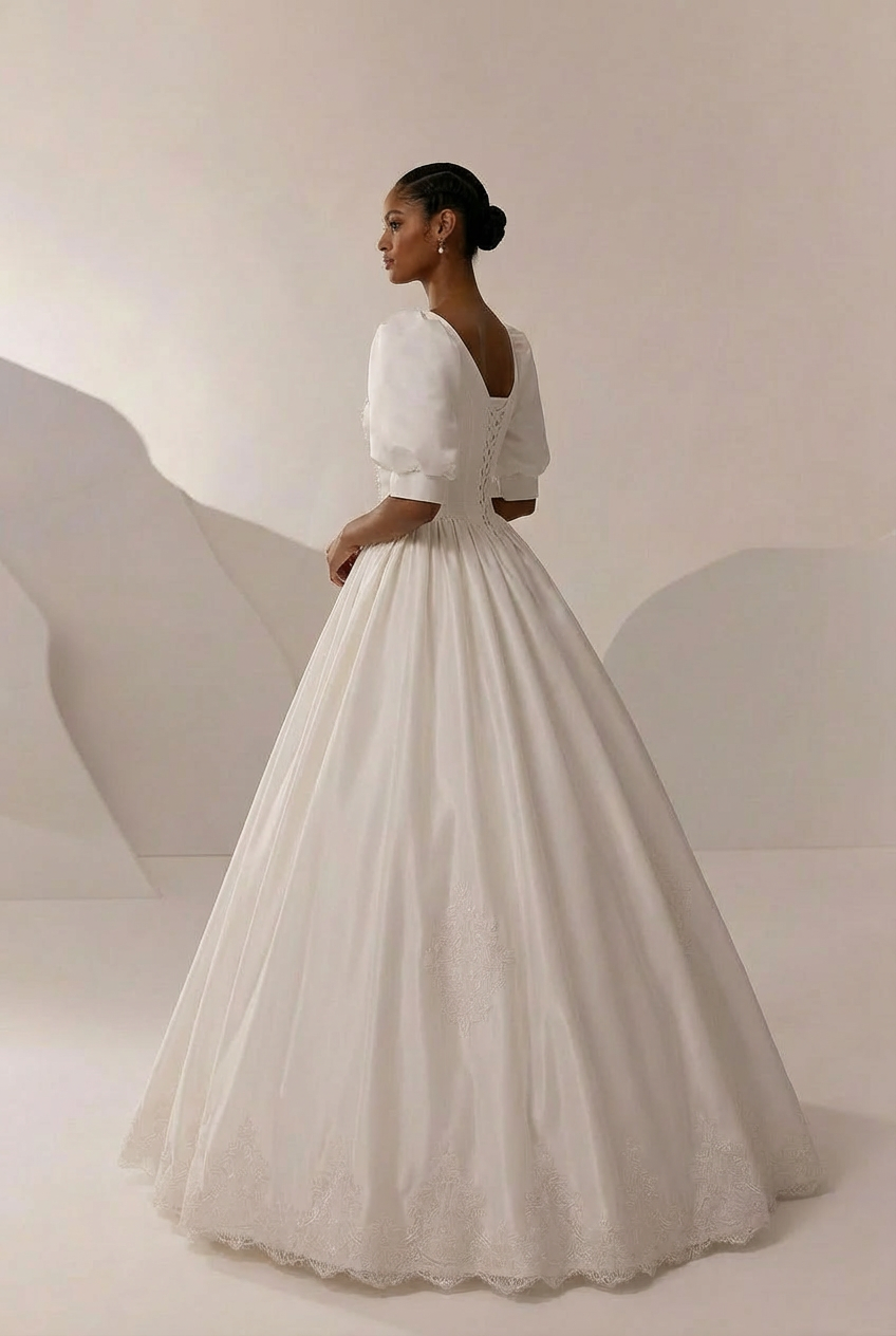 Simple Satin Wedding Dress with Corset – Lace Appliqué Wedding Dress with Bow Detail Plus Size