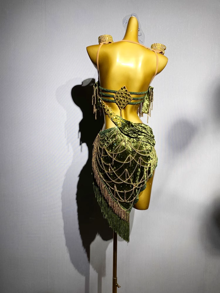 Green Handmade Salsa Dance Costumewith Velvet Drape and Gold Bead Chains – Latin Fringe Dress