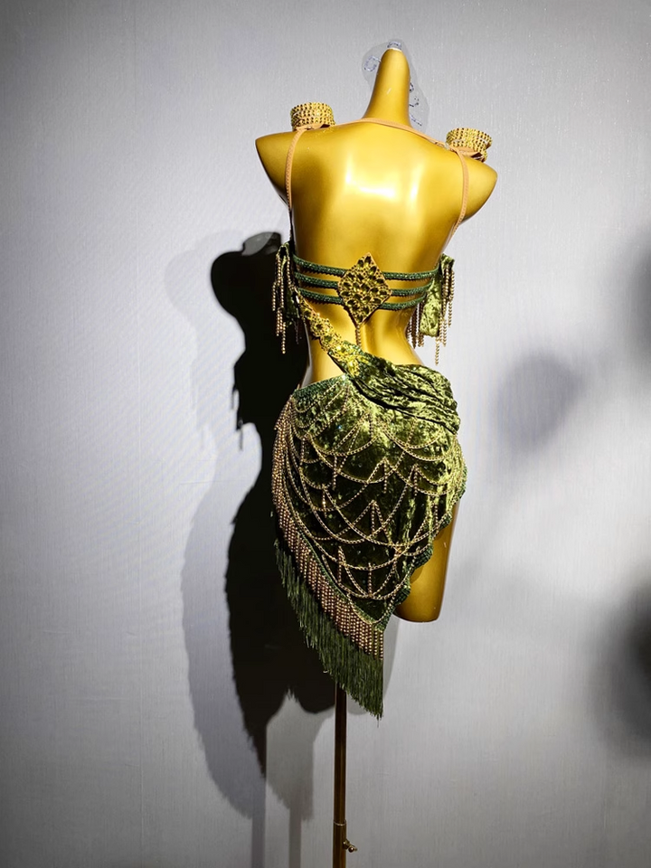 Green Handmade Salsa Dance Costumewith Velvet Drape and Gold Bead Chains – Latin Fringe Dress