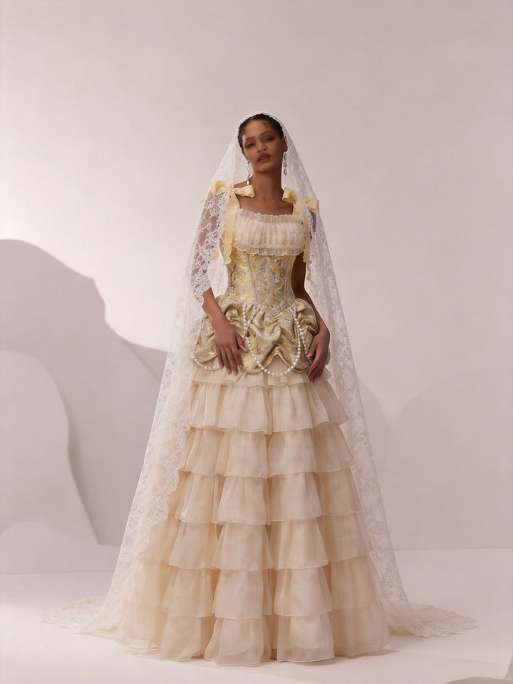 Vintage Yellow and Cream Layered Tulle Ruffle Dress - Corset Back Evening Gown with Lace Plus Size