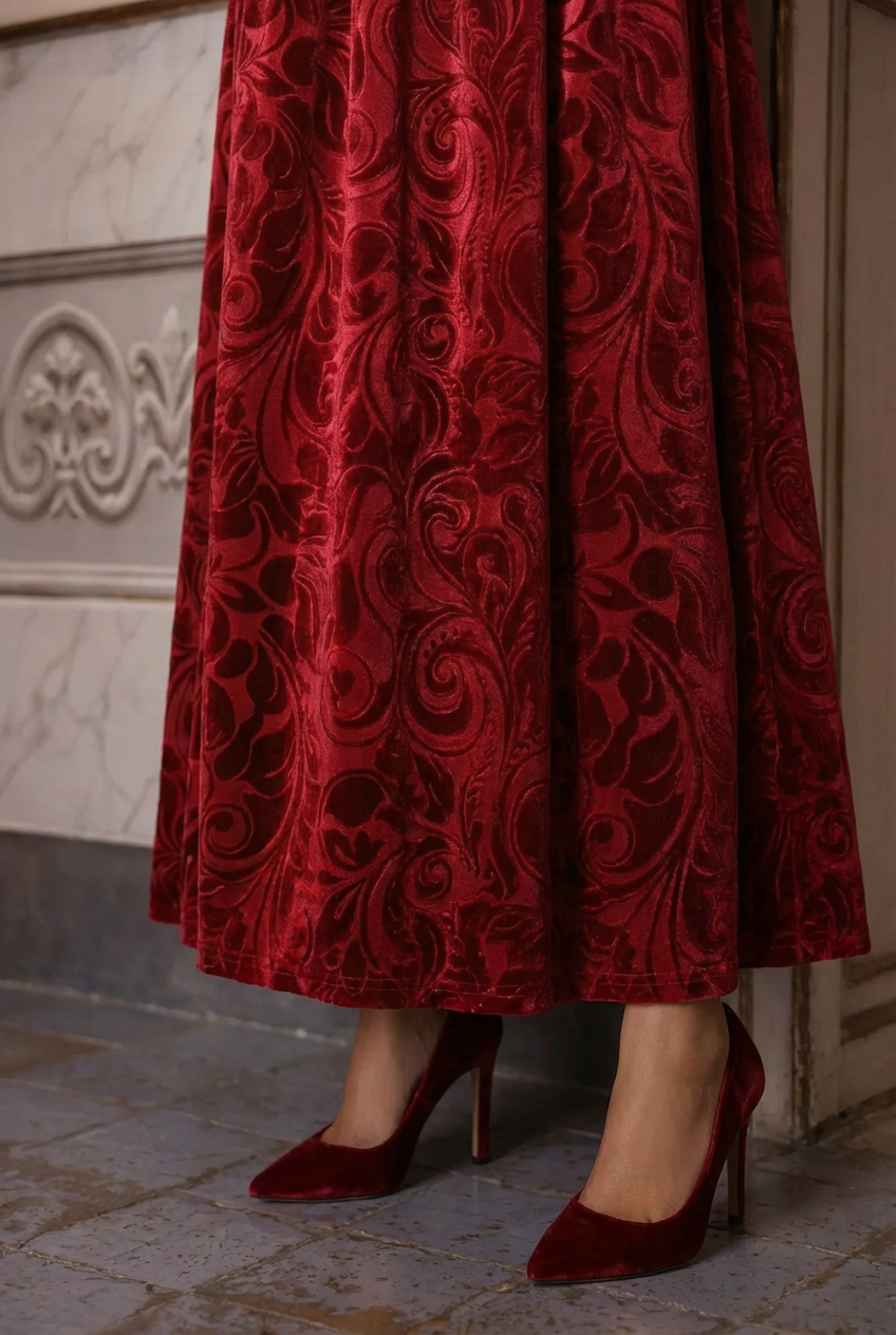 Bridgerton Inspired Regency Era Ruby Red Velvet Jacquard Ball Gown - Regency Era Dress Plus Size