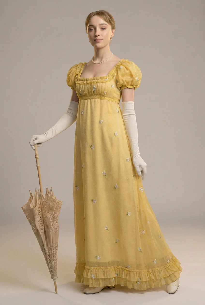 Yellow Renaissance Dresses Romantic Yellow Regency Era Embroidered Dress With Ruffle - Empire Wai ...