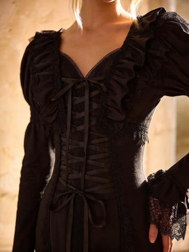 Black Gothic Lolita Dress with Lace - Gothic Mermaid Prom Dress with Corset Plus Size