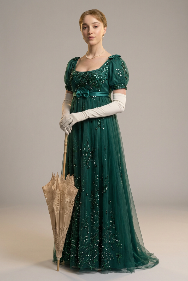 Gothic Emerald Regency Era Embroidered Dress with Bow - Empire Waist Tulle Gown Plus Size